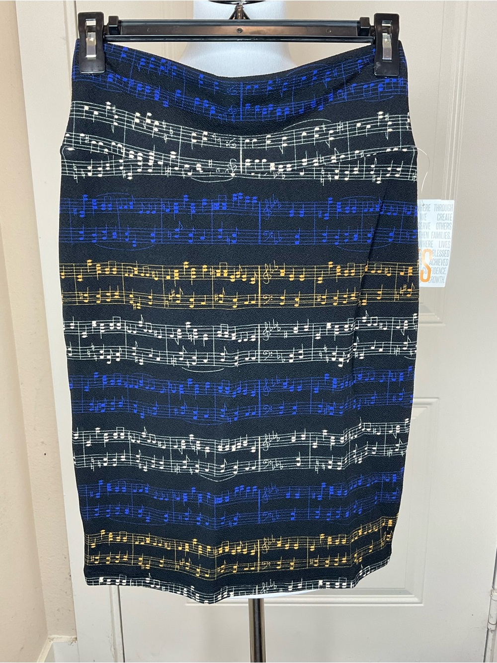 LuLaRoe Cassie Black Pencil Skirt with Blue, White & Gold Music-Note XS